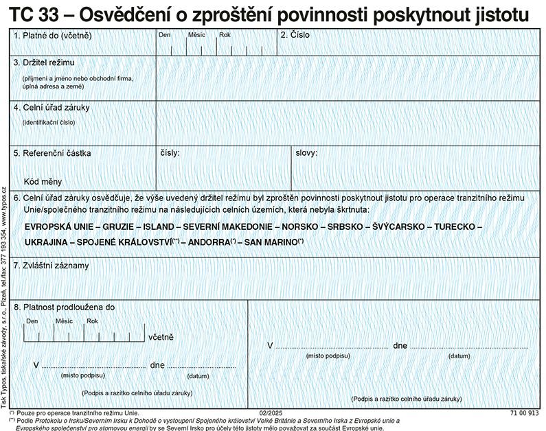 TC 33 - Osvědčení o zproštění povinnosti poskytnout jistotu (platné od 1.2. 2025)