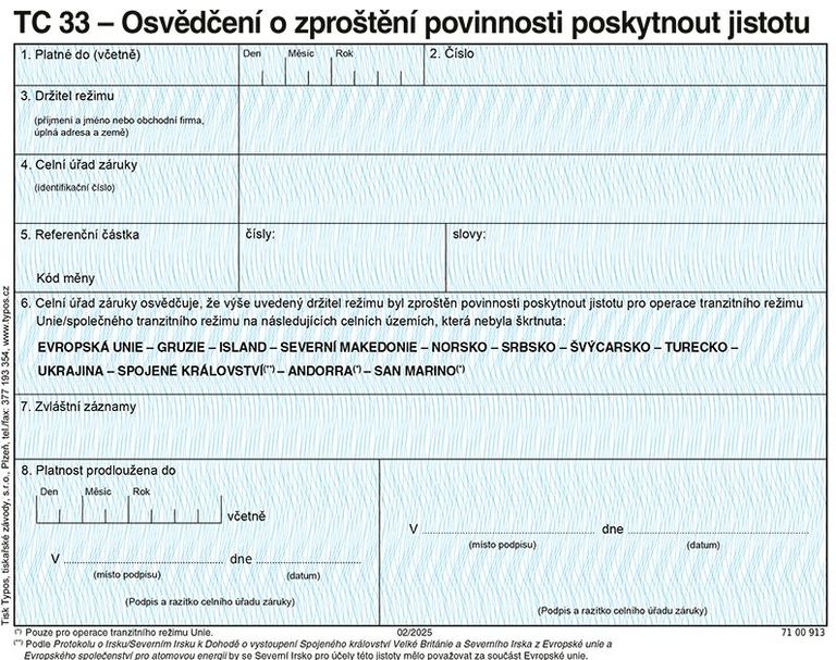 TC 33 - Osvědčení o zproštění povinnosti poskytnout jistotu (platné od 1.2. 2025)
