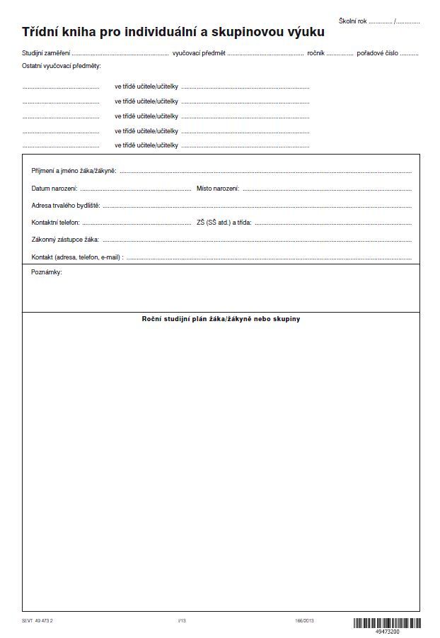 Třídní kniha pro individuální a skupinovou výuku ZUŠ - ŠVP