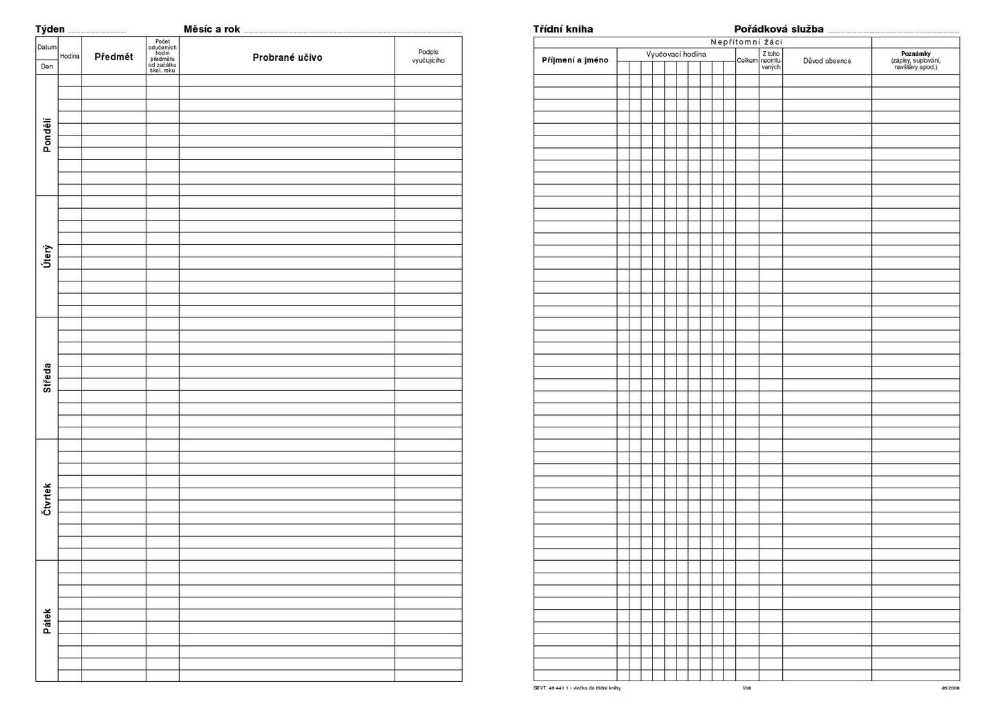 Třídní kniha - vložka