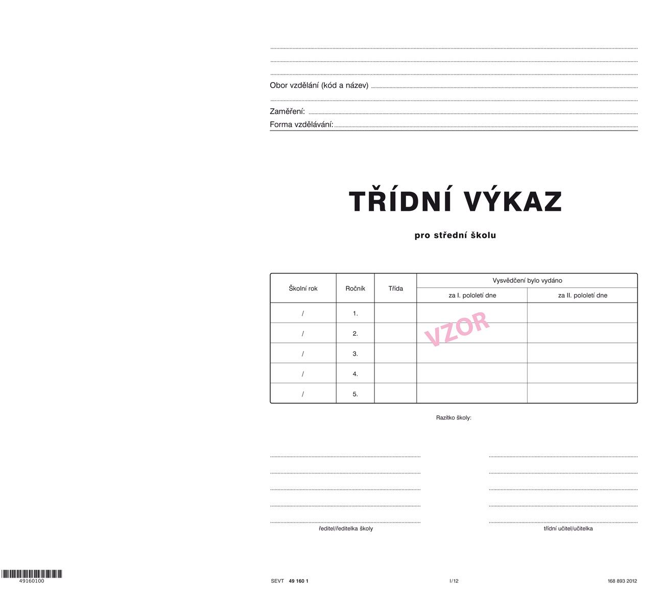 Třídní výkaz - obal