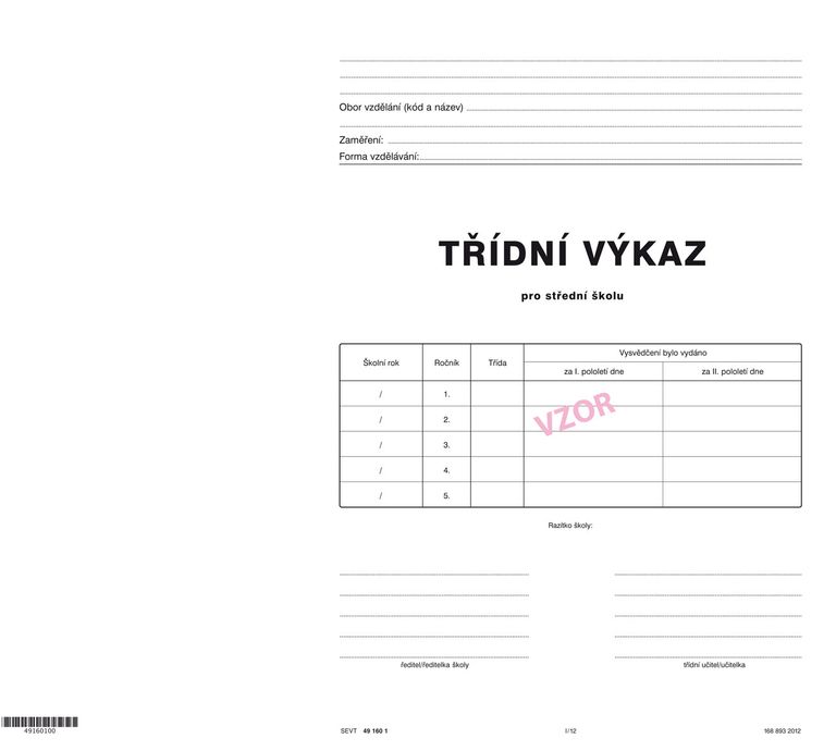 Třídní výkaz - obal