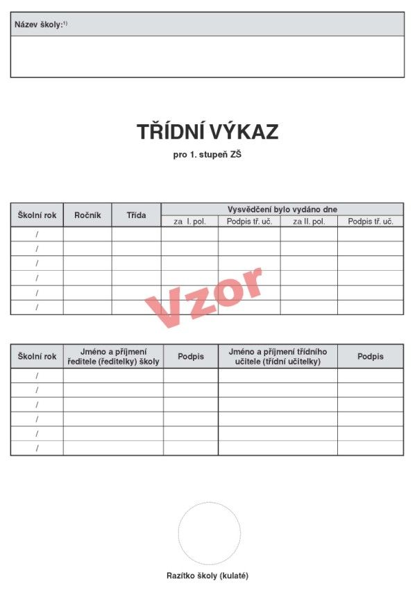 Třídní výkaz pro 1. stupeň ZŠ