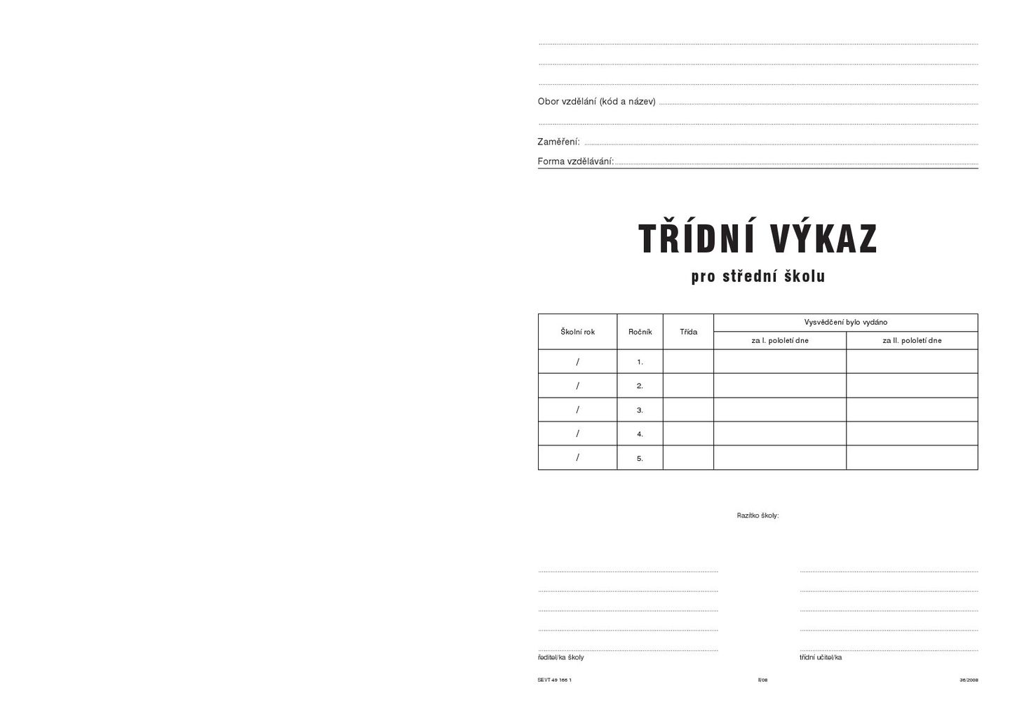 Třídní výkaz - pro počítačové zpracování - A - obal