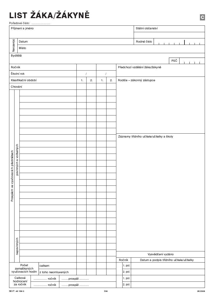 Třídní výkaz -  pro počítačové zpracování - C - list žáka