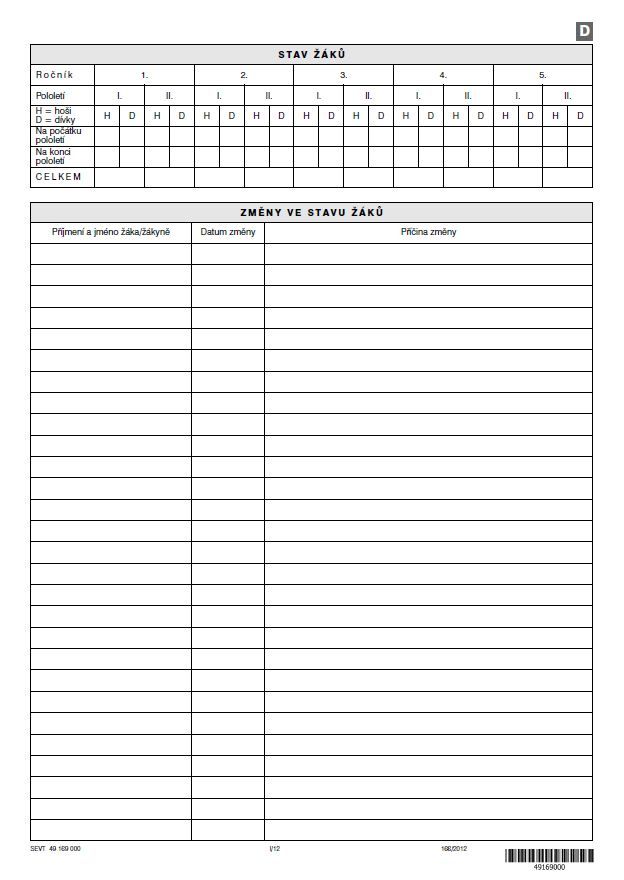 Třídní výkaz - pro počítačové zpracování - D - změny stavu žáků