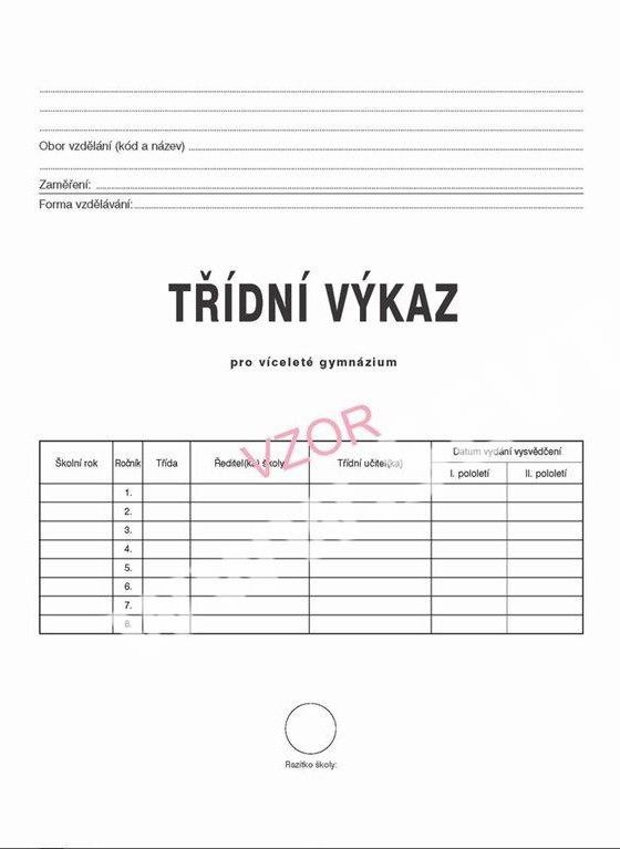 Třídní výkaz pro víceletá gymnázia - obal