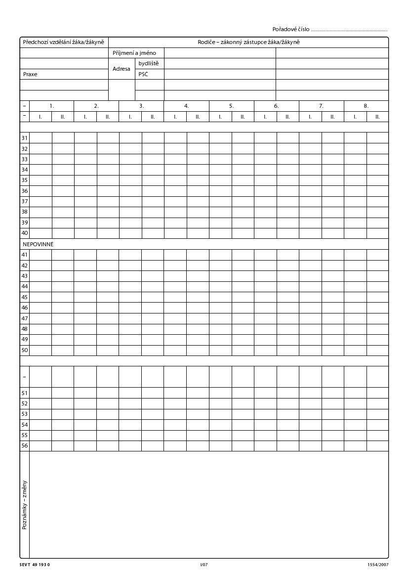Třídní výkaz pro víceletá gymnázia - třídní výkaz žáka (podle počtu žáků ve třídě)