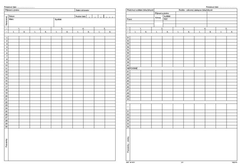 Třídní výkaz - strany D, E