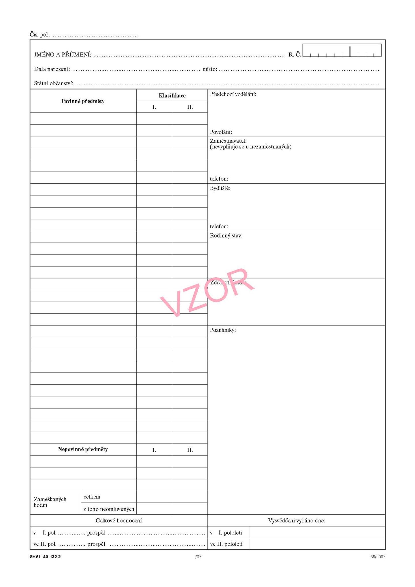 Třídní výkaz - vložka (studium při zaměstnání)