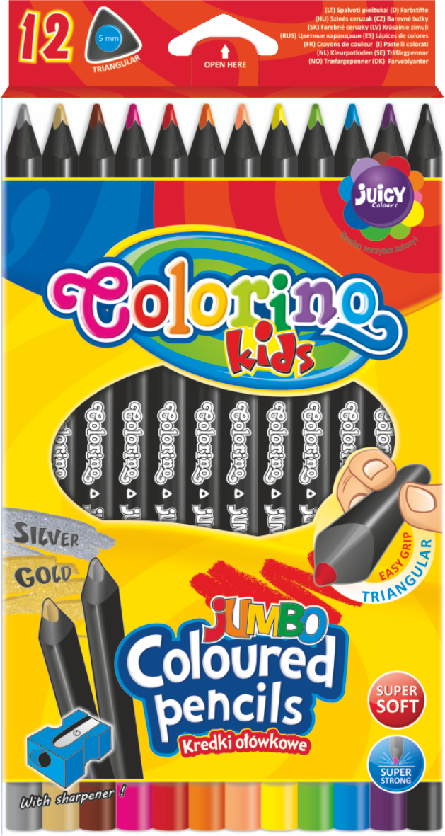 Trojhranné pastelky Colorino, JUMBO černé, 12 barev + ořezávátko