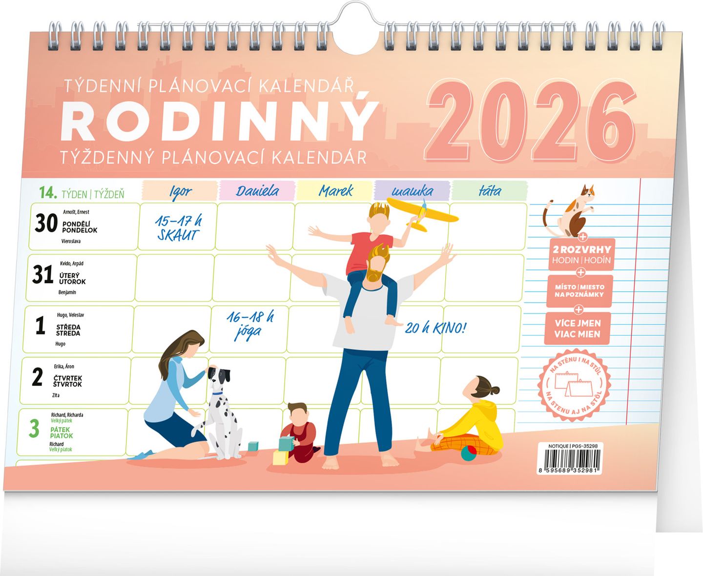 Týdenní rodinný plánovací kalendář s háčkem 2026, 30 × 21 cm