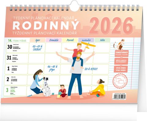 Obrázek produktu: Týdenní rodinný plánovací kalendář s háčkem 2026, 30 × 21 cm