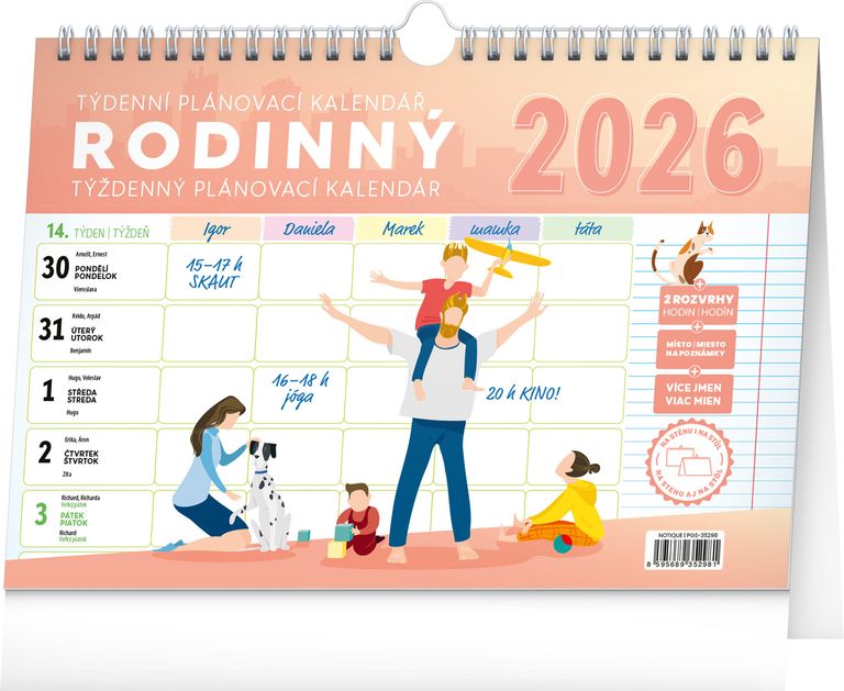 Notique týdenní rodinný plánovací kalendář s háčkem 2026