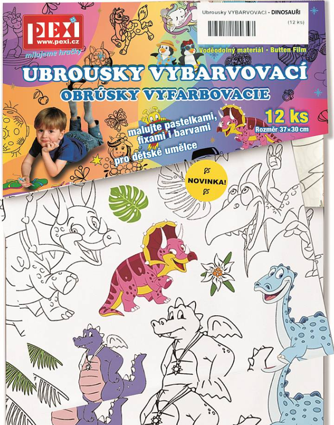PEXI Ubrousky vybarvovací 12 ks dinosauři plast v sáčku 30x42x1cm