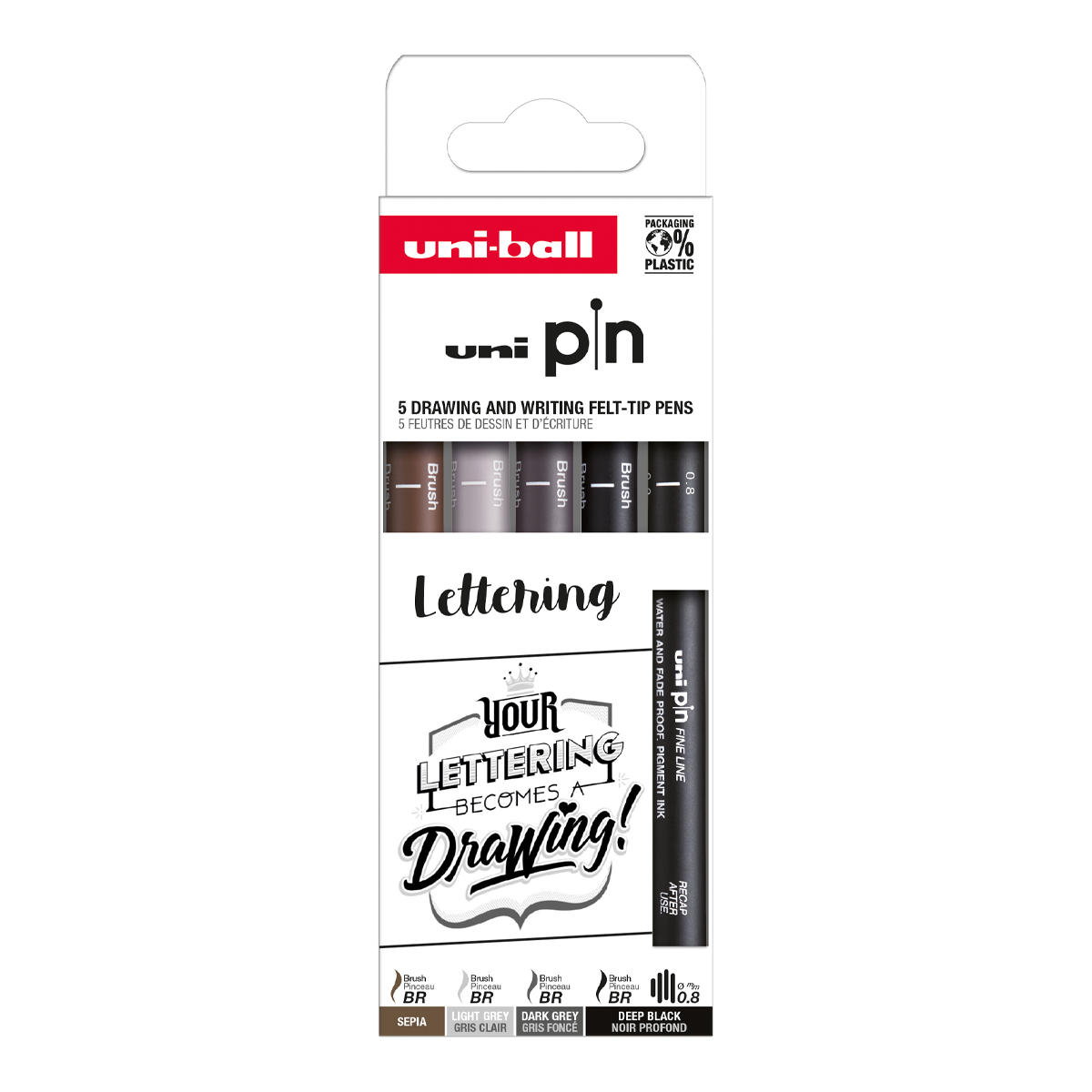UNI PIN BR sada Lettering, 5 ks linerů (1 × černý 0,8 mm, 4 × barevné se štětcovým hrotem)