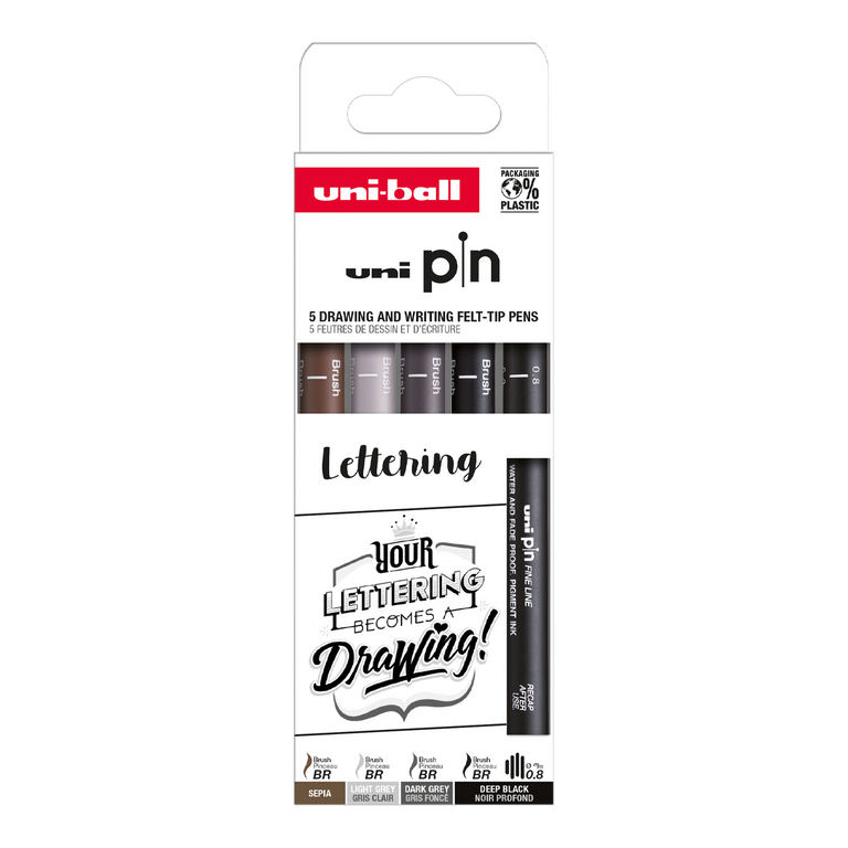 UNI PIN Lettering 5 ks Sada brush pens UNI