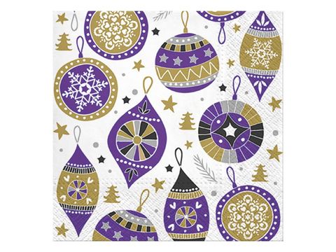 Obrázek produktu: Vánoční ubrousky 33 × 33 cm, 20 ks - fialovozlaté ozdoby