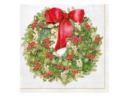 Obrázek produktu: Vánoční ubrousky 33 × 33 cm, 20 ks - věnec z jehličí a cesmíny