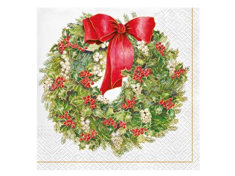 Obrázek produktu: Vánoční ubrousky 33 × 33 cm, 20 ks - věnec z jehličí a cesmíny