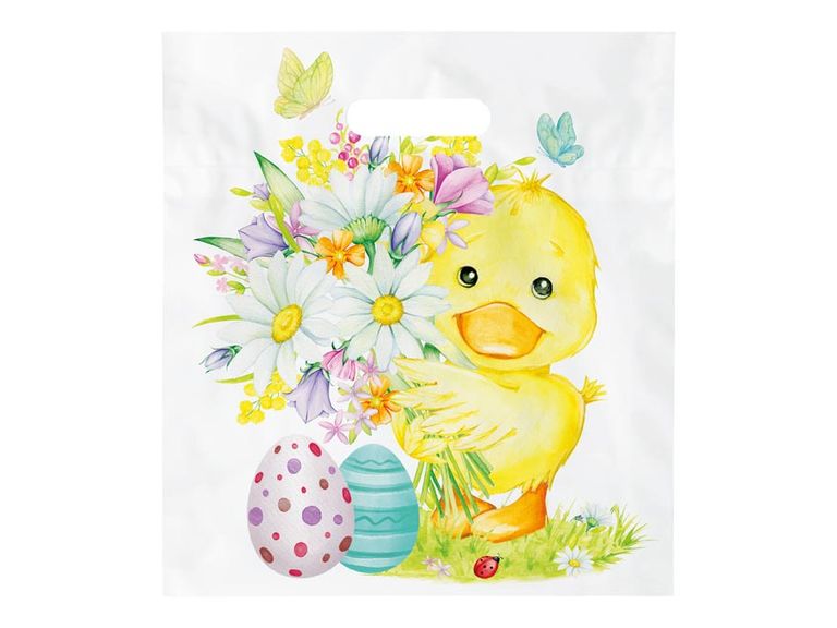 Velikonoční taška s průhmatem 29 × 32 × 8 cm, 1 ks - kachňátko s květinami a kraslicemi