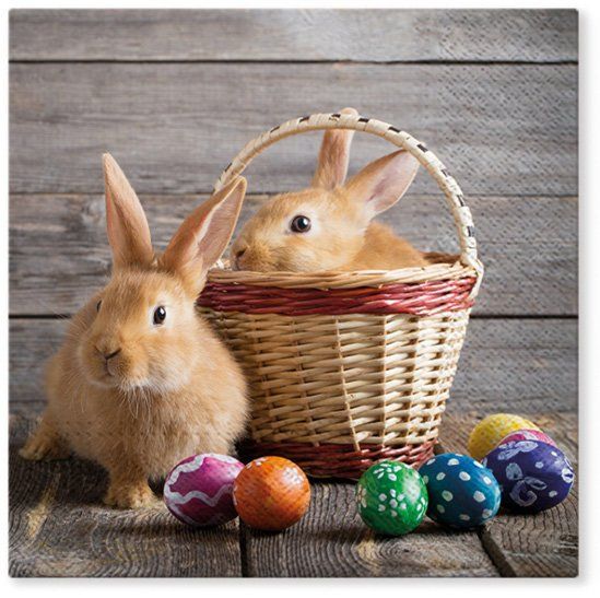Velikonoční ubrousky 33 × 33 cm, 20 ks - králíčci s proutěným košem