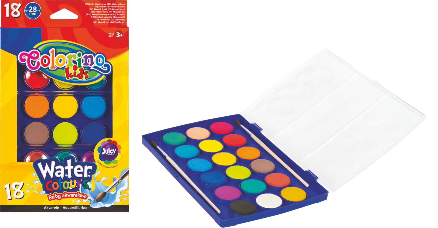 Vodové barvy Colorino velké, pouzdro se 2 štětci, 18 barev