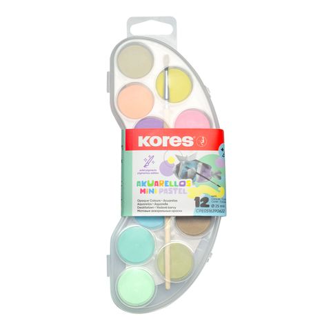 Obrázek produktu: Vodové barvy Kores AKUARELLOS MINI PASTEL, 12 barev, 25 mm + štětec