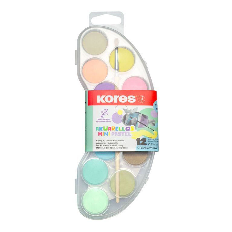 Vodové barvy Kores AKUARELLOS MINI PASTEL, 12 barev, 25 mm + štětec