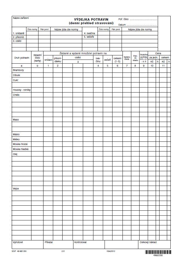 Výdejky potravin a denní přehled stravování, formát A4