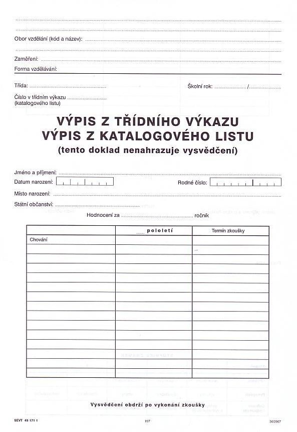 Výpis z třídního výkazu