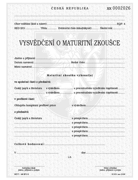 Obrázek produktu: Vysvědčení o maturitní zkoušce pro SŠ - univerzální s komplexní profilovou prací, tisk QR kódu