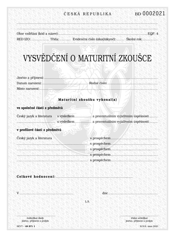 Vysvědčení o maturitní zkoušce pro SŠ - univerzální, tisk QR kódu