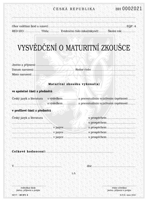 Vysvědčení o maturitní zkoušce v českém jazyce a cizím jazyce v dvojjazyčných gymnázií, tisk QR kódu