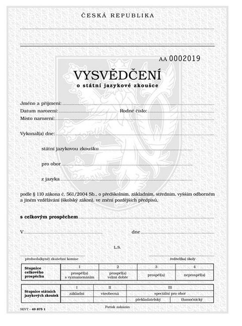 Obrázek produktu: Vysvědčení o státní jazykové zkoušce