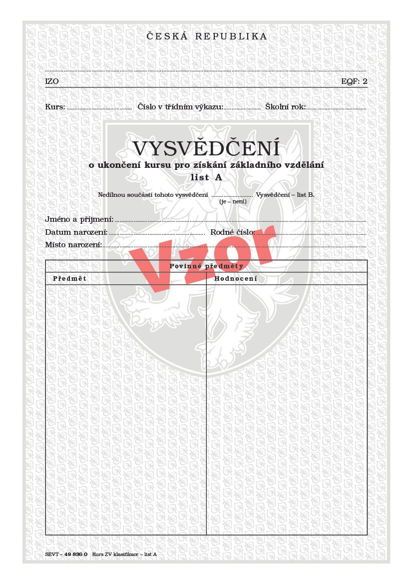Vysvědčení o ukončení kursu pro získání základního vzdělání list A (klasifikace) pro tisk QR kódu