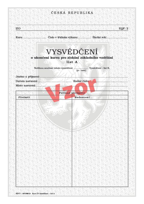 Obrázek produktu: Vysvědčení o ukončení kursu pro získání základního vzdělání list A (klasifikace) pro tisk QR kódu