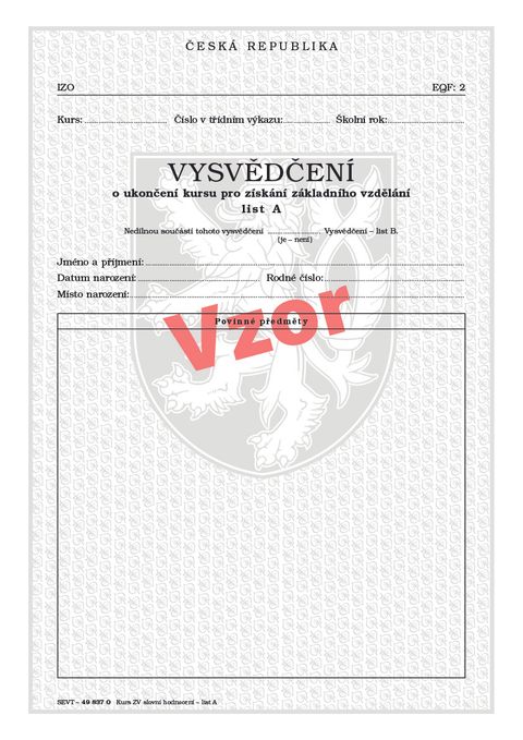 Obrázek produktu: Vysvědčení o ukončení kursu pro získání základního vzdělání list A (slovní hodnocení)