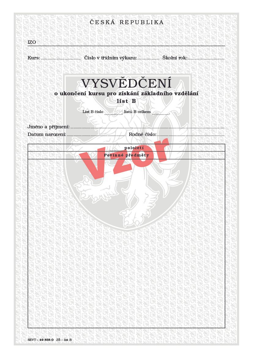 Vysvědčení o ukončení kursu pro získání základního vzdělání list B