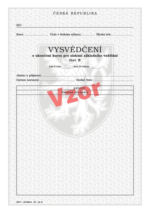 Obrázek produktu: Vysvědčení o ukončení kursu pro získání základního vzdělání list B
