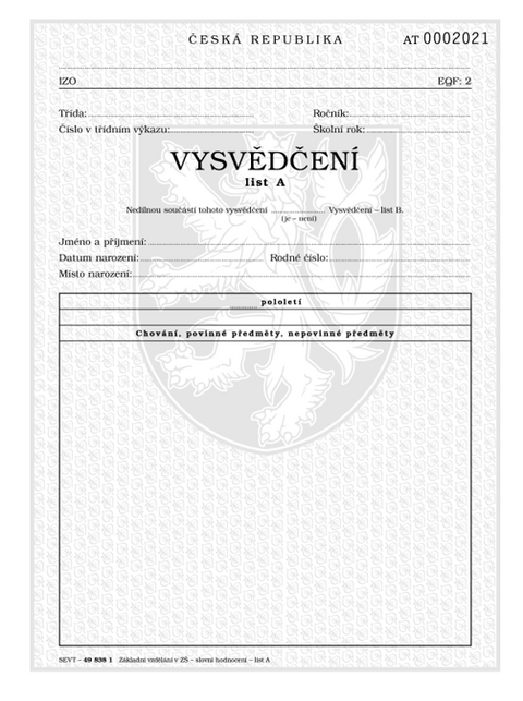 Obrázek produktu: Vysvědčení o získání základního vzdělání v základní škole list A (slovní hodnocení)