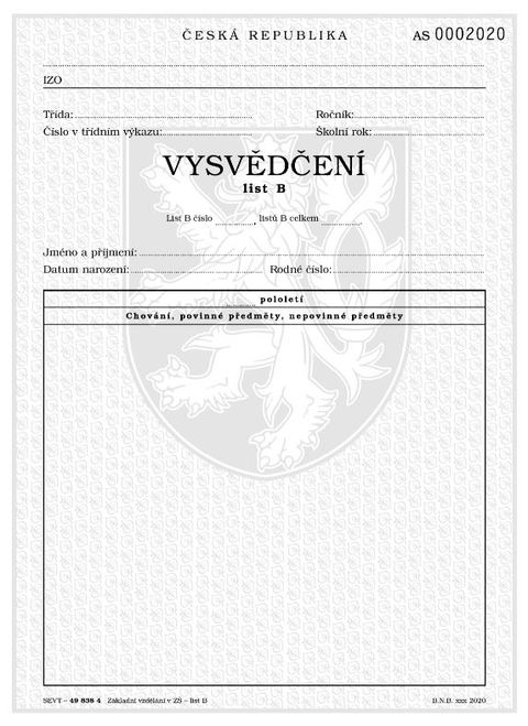 Obrázek produktu: Vysvědčení o získání základního vzdělání v základní škole list B