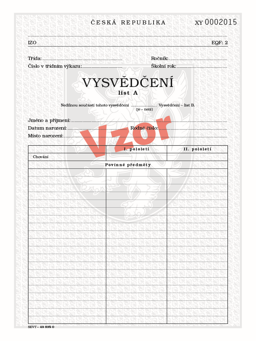 Vysvědčení o získání základního vzdělání v základní škole pro tisk QR kódu
