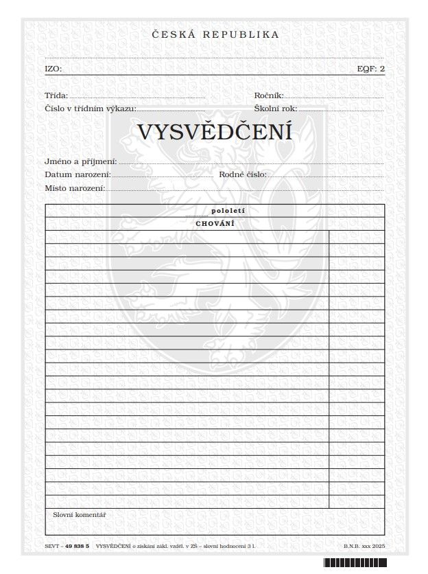 Vysvědčení o získání základního vzdělání v základní škole - slovní hodnocení 3 l.
