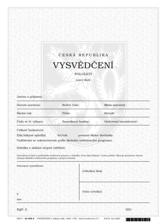 Vysvědčení o získání základního vzdělání v základní škole - slovní hodnocení 3 l.