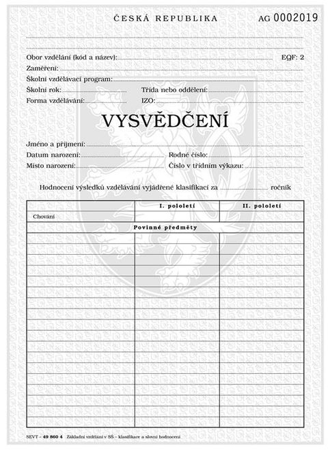 Obrázek produktu: Vysvědčení o získání základního vzdělání ve SŠ a konzervatoři (klasif. i slov. hod.), tisk QR kódu