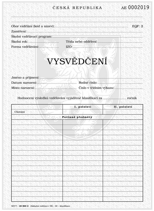 Vysvědčení o získání základního vzdělání ve střední škole a konzervatoři do 30 př., tisk QR kódu