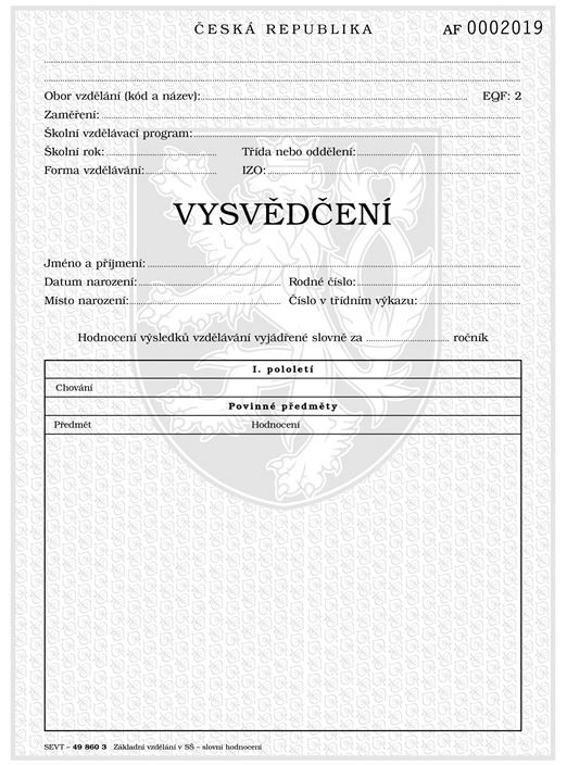 Vysvědčení o získání základního vzdělání ve střední škole a konzervatoři (slovní hod.), tisk QR kódu