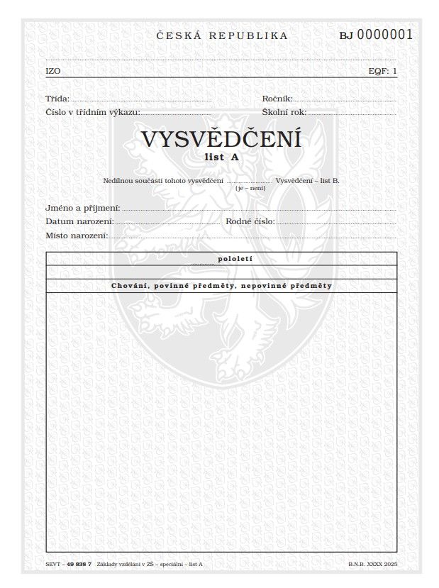 Vysvědčení o získání základů vzdělání v základní škole speciální list A