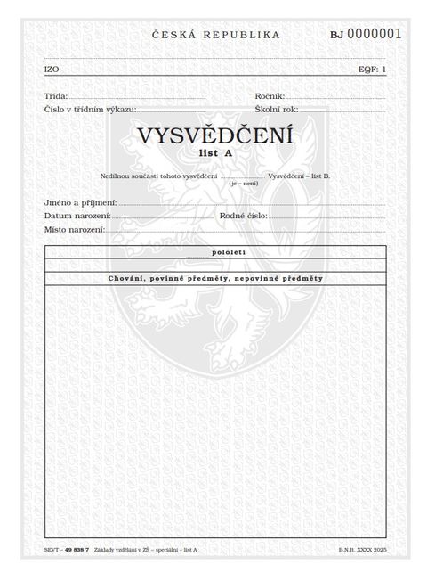 Obrázek produktu: Vysvědčení o získání základů vzdělání v základní škole speciální list A
